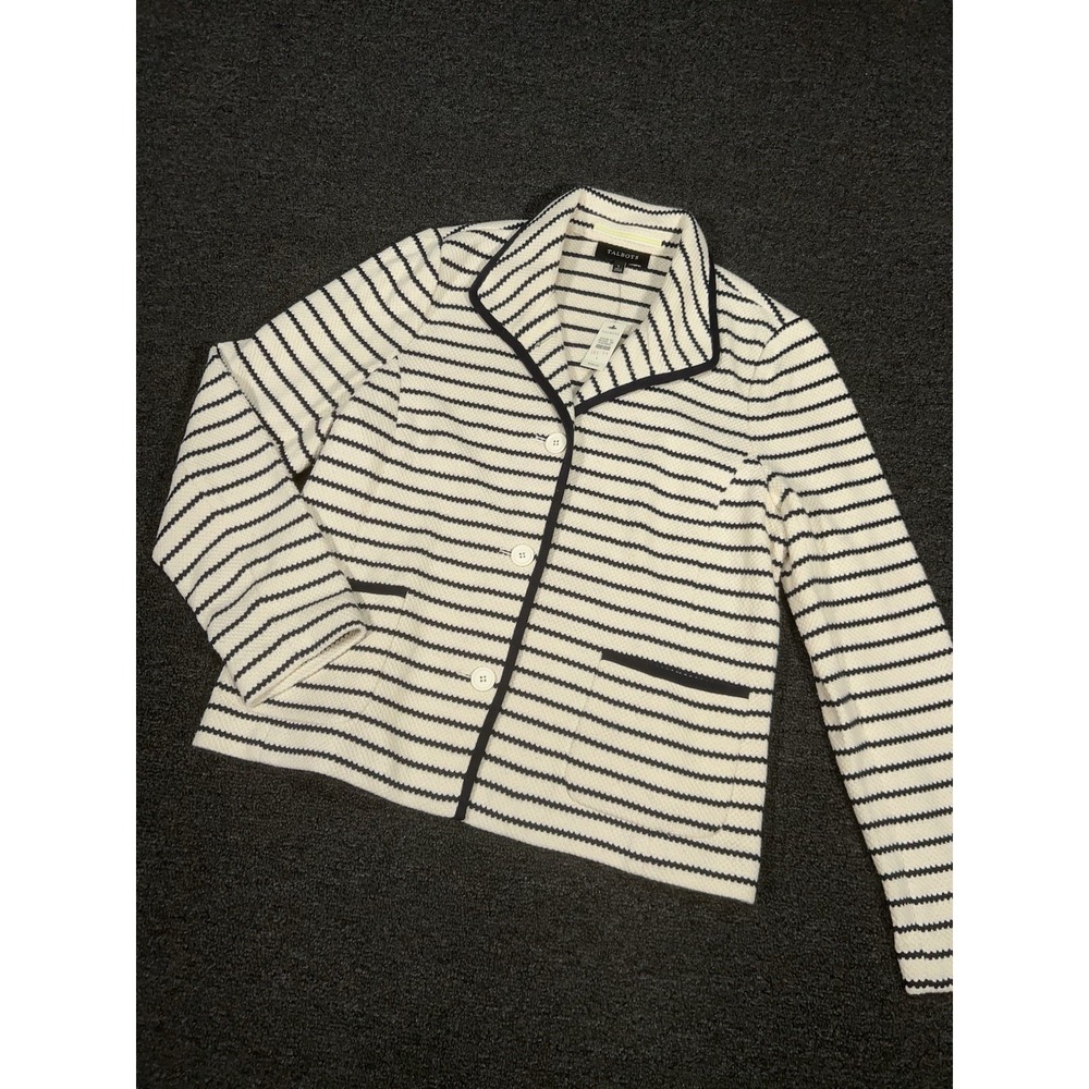 New Talbots Blazer Jacket Women's Large Beige Knit Striped Nautical Preppy